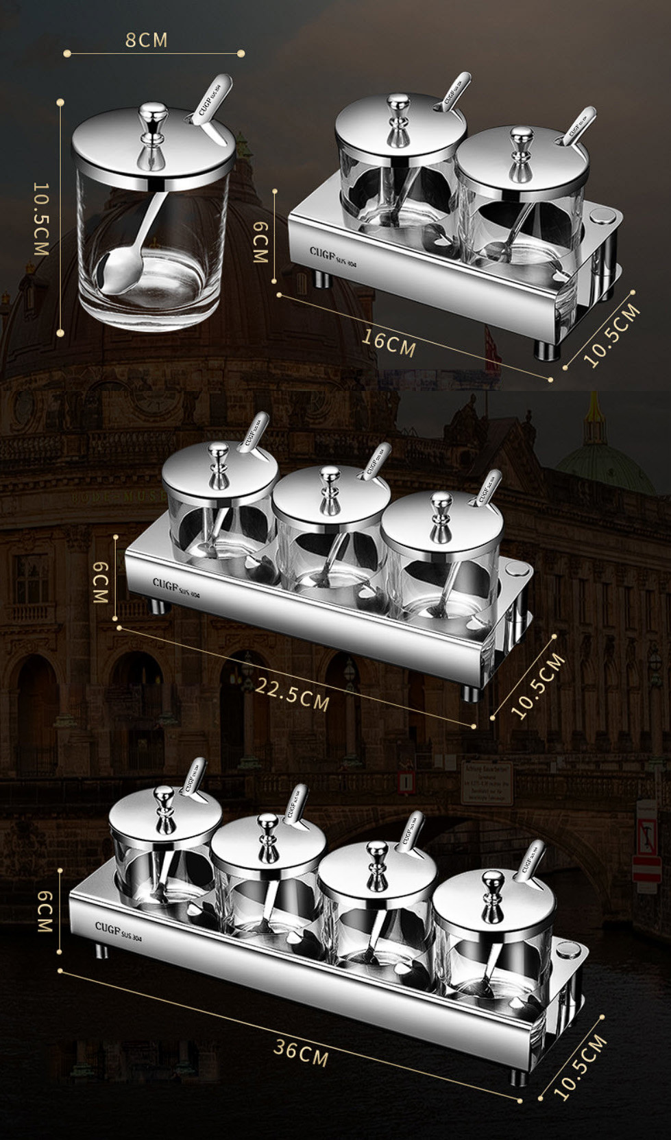 Bộ đựng gia vị 4 ngăn inox 304 hũ thủy tinh CUGF KQ001