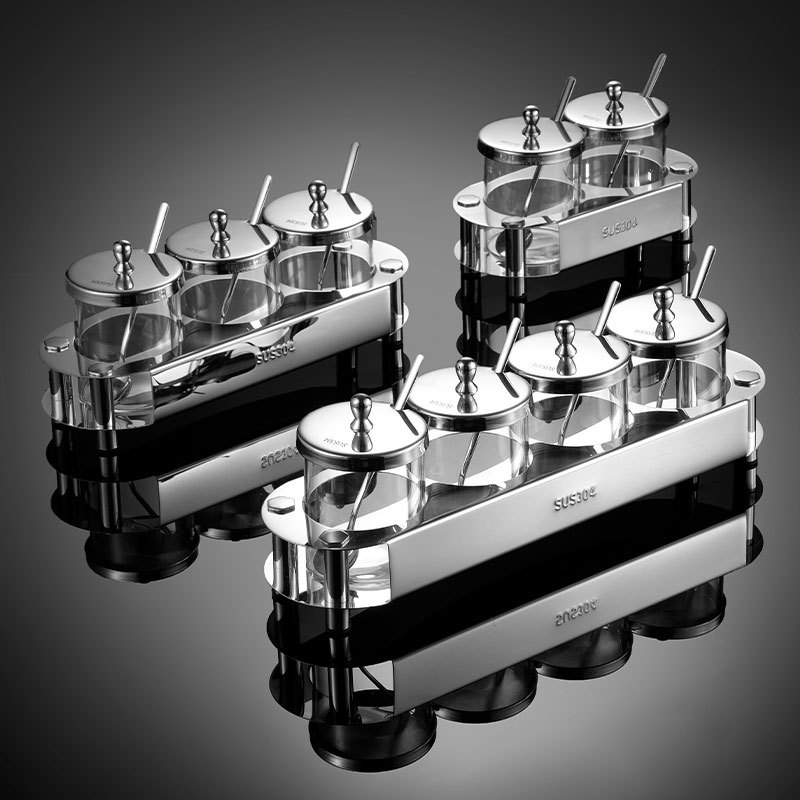 Bộ đựng gia vị inox 304 hũ thủy tinh 2-4 ngăn OEM ERN01