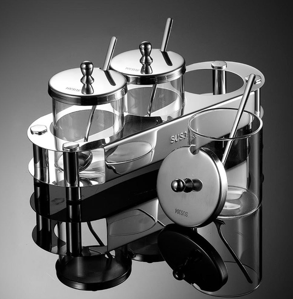 Bộ đựng gia vị inox 304 hũ thủy tinh 2-4 ngăn OEM ERN01