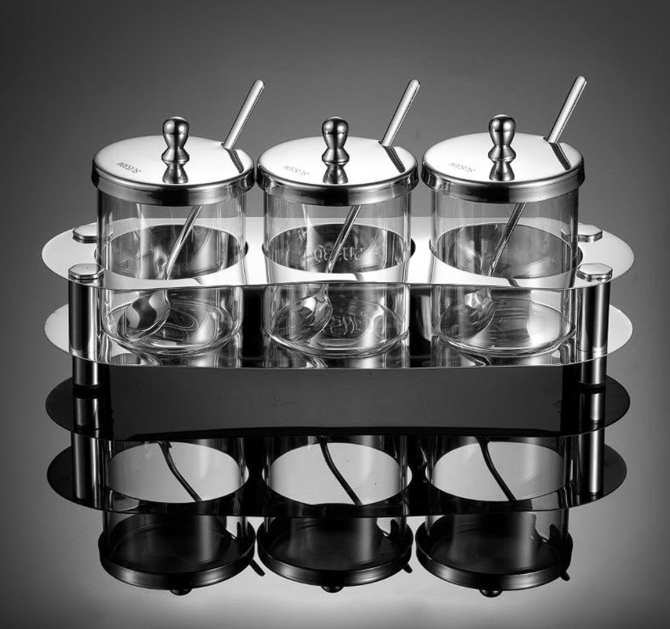 Bộ đựng gia vị inox 304 hũ thủy tinh 2-4 ngăn OEM ERN01