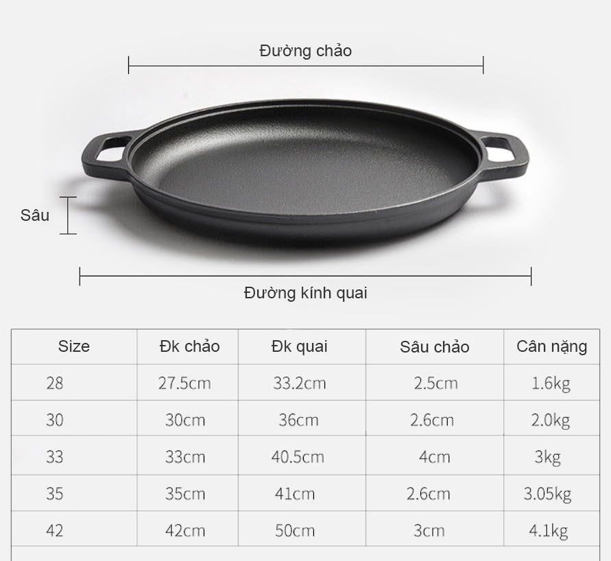 Chảo gang đáy bằng không chống dính 2 quai TE355