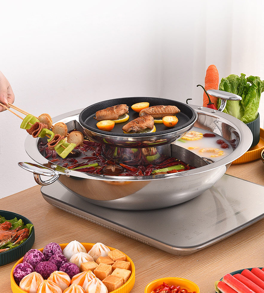 Nồi lẩu 2 ngăn inox 304 kèm vỉ nướng gang OEM DF03