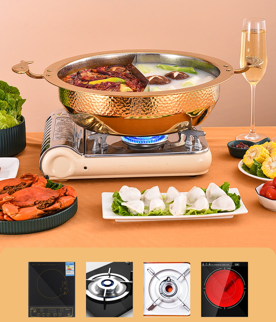 Nồi lẩu 2 ngăn mạ vàng inox 304 size 26-34cm OEM DF08