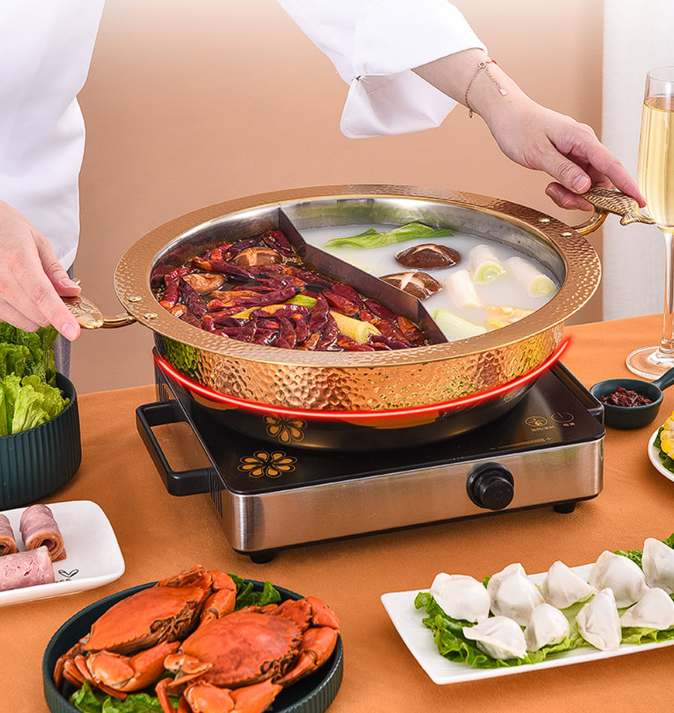 Nồi lẩu 2 ngăn mạ vàng inox 304 size 26-34cm OEM DF08