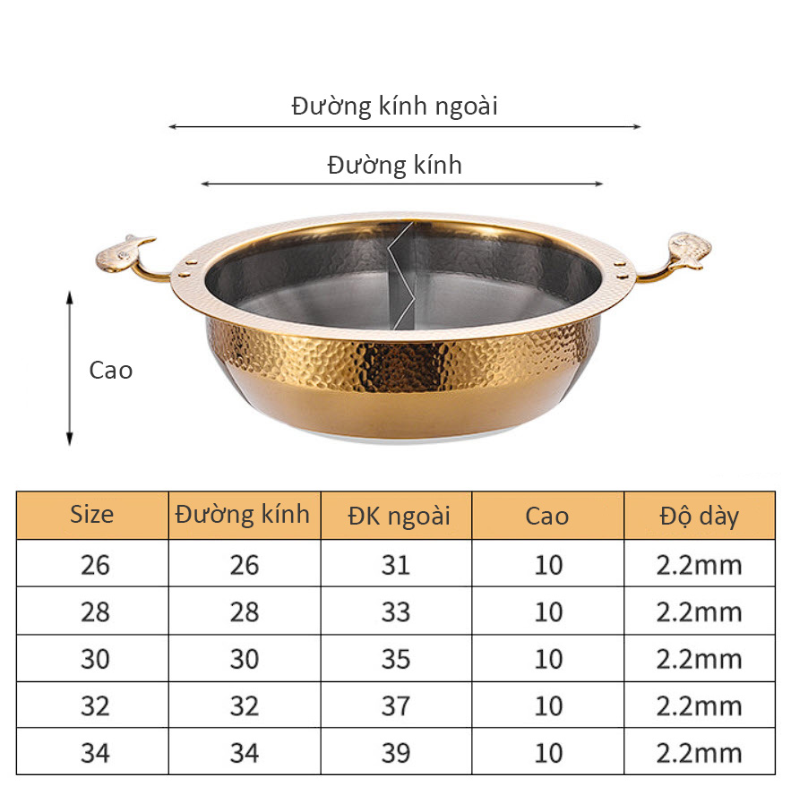 Nồi lẩu 2 ngăn mạ vàng inox 304 size 26-34cm OEM DF08